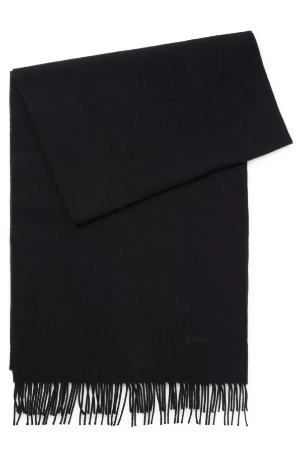 HUGO FRINGED WOOL SCARF WITH EMBROIDERED LOGO